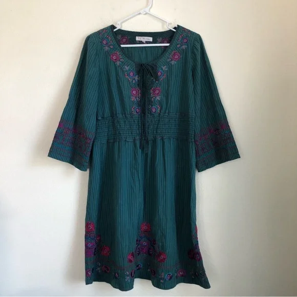 Johnny Was 3J Workshop Blue Stripe Embroidered Dress Size Medium - Picture 1 of 10